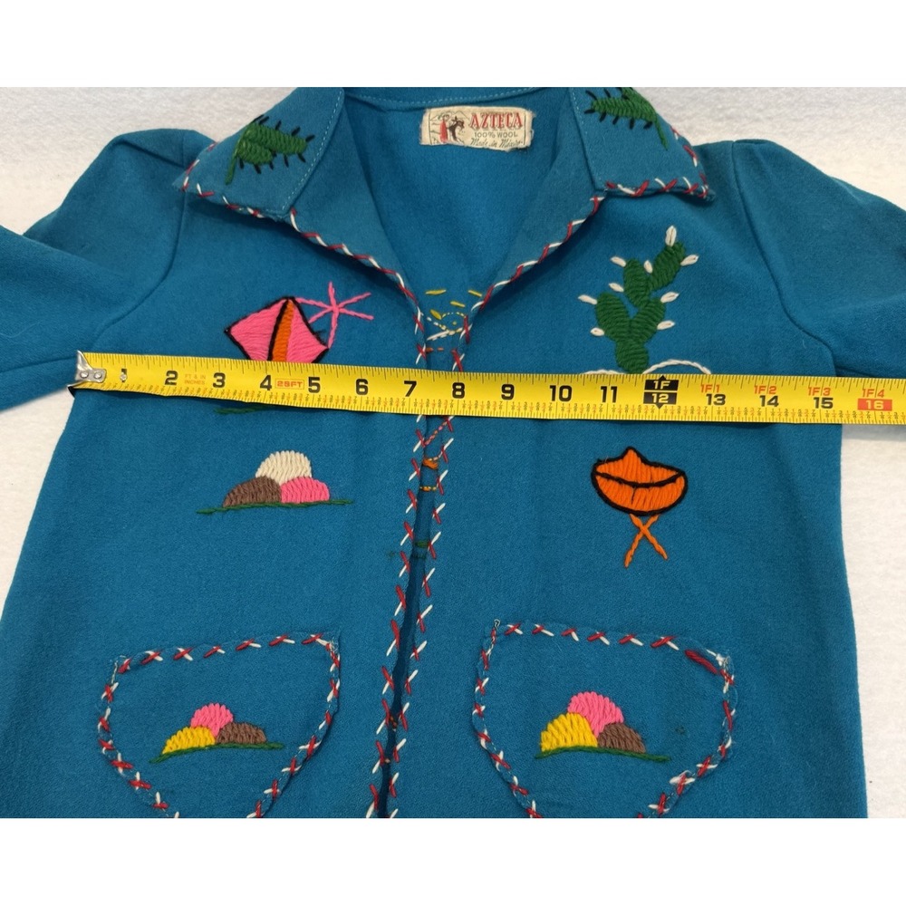 Vintage Azteca Mexican Wool‎ Souvenir Jacket Turquoise Hand Embroidered Folk Art - Picture 16 of 16